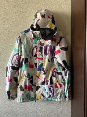 Vintage 90s Volcom Puffer Ski Jacket Mens S White Multi Full Zip Insulated